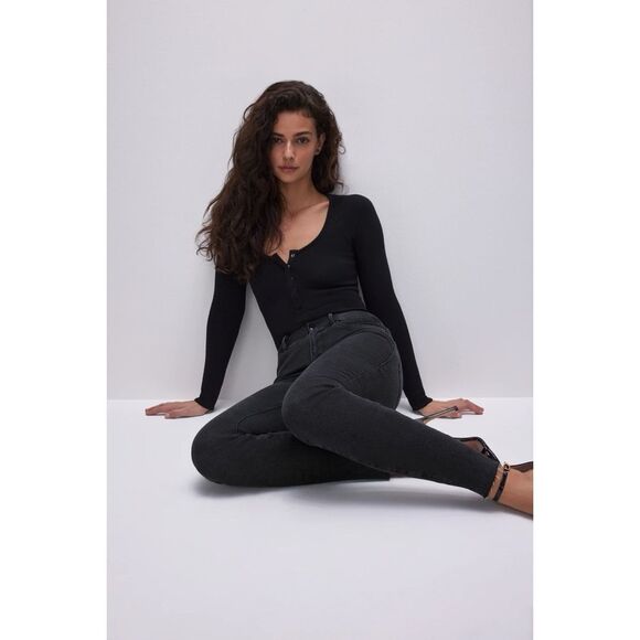 GOOD AMERICAN GOOD LEGS RAW HEM SKINNY JEANS Black184 Size 2/26 - Picture 2 of 13